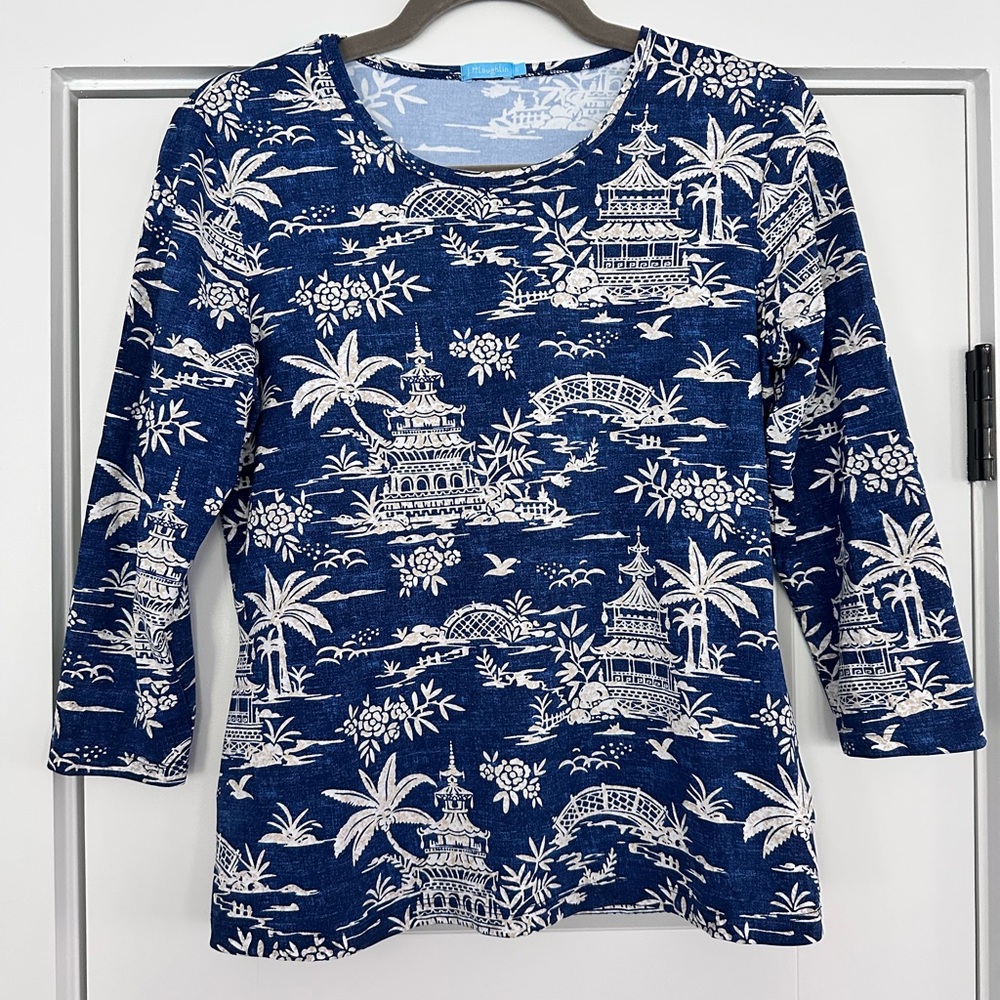 J. McLaughlin Navy White Beige Patterned Top S